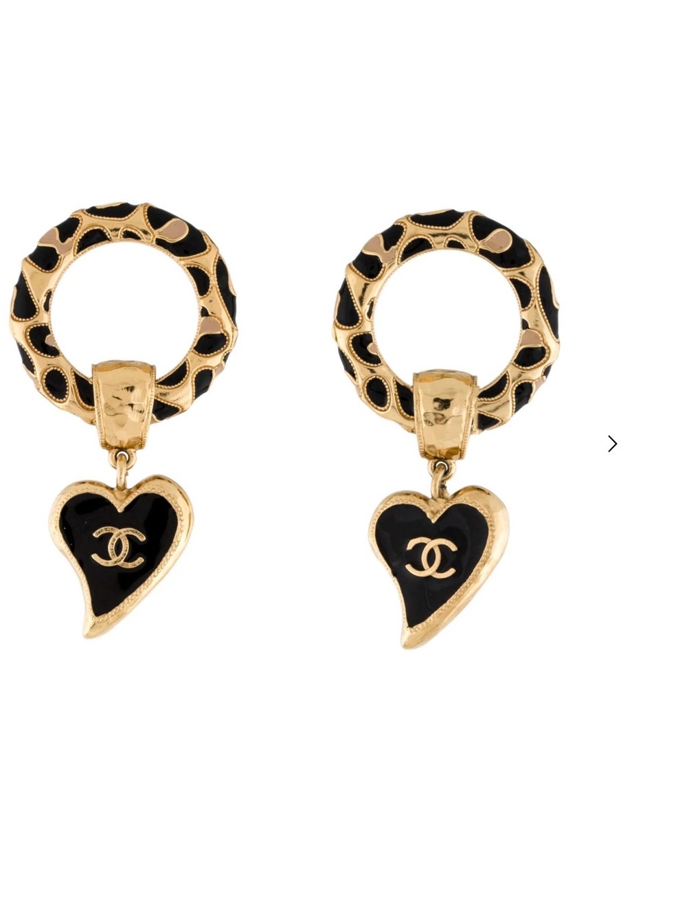 CHANEL Black and Gold Heart Drop Hoop Earrings